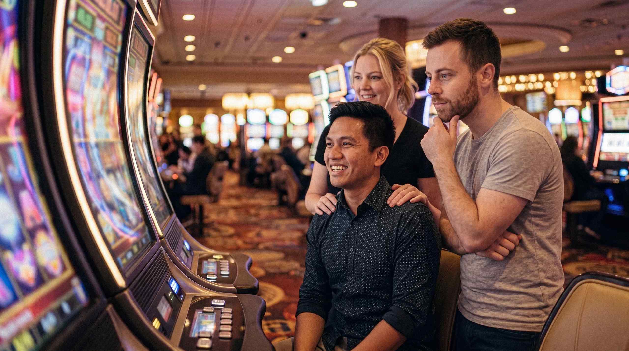 A trip of friends having fun playing a slot machine.